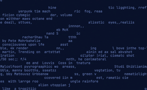 Gif animado da logo do Midjourney, em um fundo azul escuro, com letras animadas em azul claro.